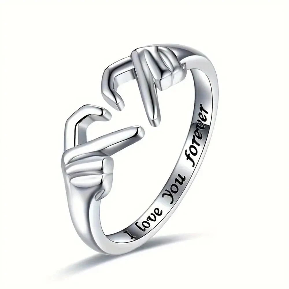 Couple Hug Ring - Romantic Alloy Open Band with Love Engraving