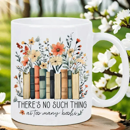 Floral Bookshelf Ceramic Coffee Mug for Book Lovers 320ml Gift
