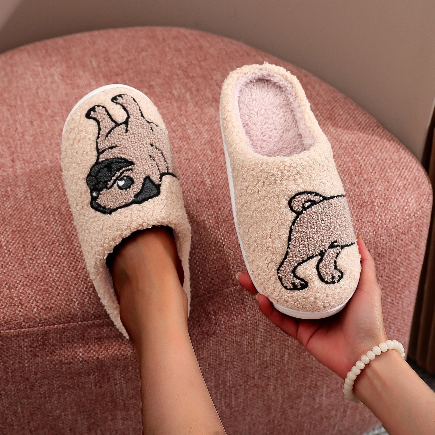 Fuzzy Pug Dog Slippers