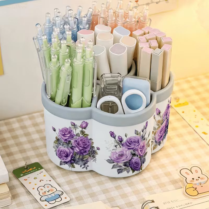 360° Rotating Desk Organizer with Purple Rose Pen Holder & Storage