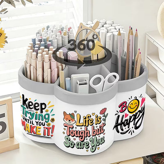 360° Rotating Pen Holder & Makeup Organizer with Inspirational Quote