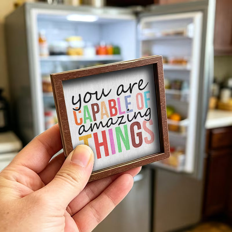 Wooden Fridge Magnet with Positive Affirmation Quotes | Square Frame