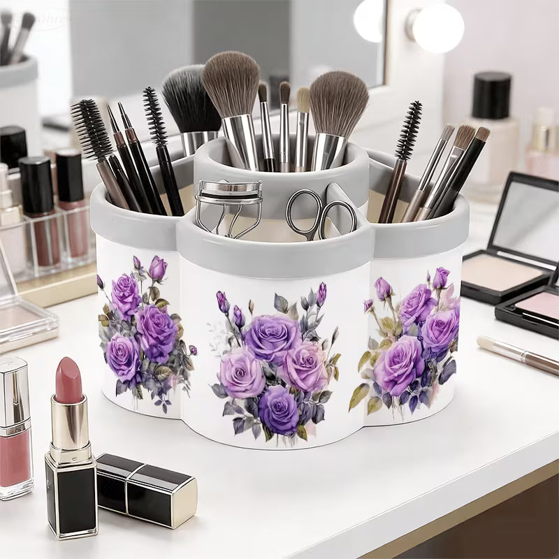 360° Rotating Desk Organizer with Purple Rose Pen Holder & Storage