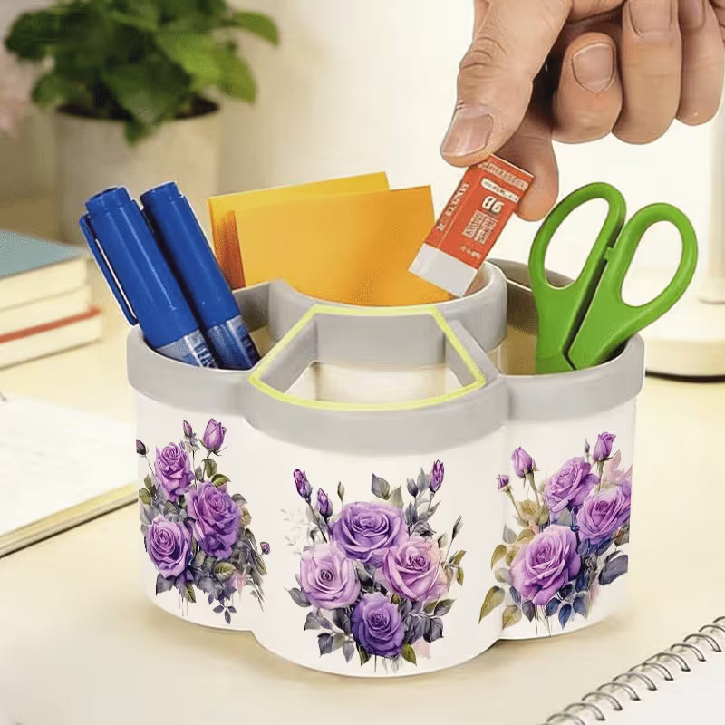 360° Rotating Desk Organizer with Purple Rose Pen Holder & Storage