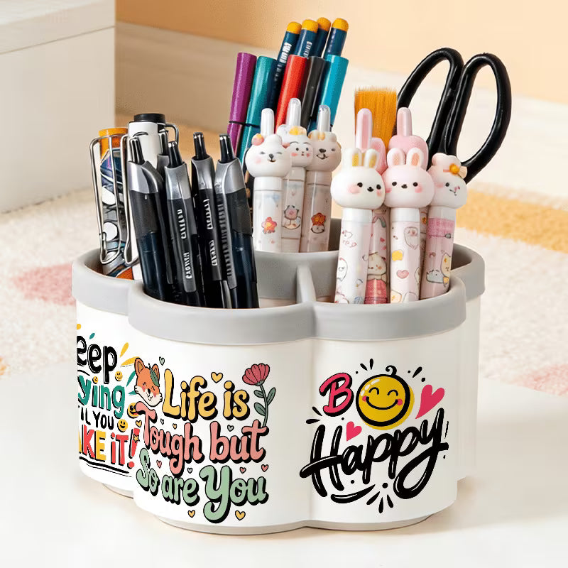 360° Rotating Pen Holder & Makeup Organizer with Inspirational Quote
