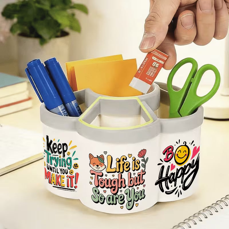 360° Rotating Pen Holder & Makeup Organizer with Inspirational Quote