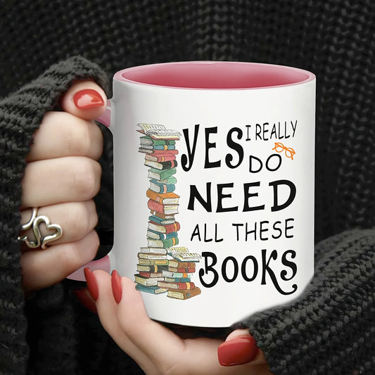 11oz Book Lover Ceramic Coffee Mug Pink Book Stack Design Gift