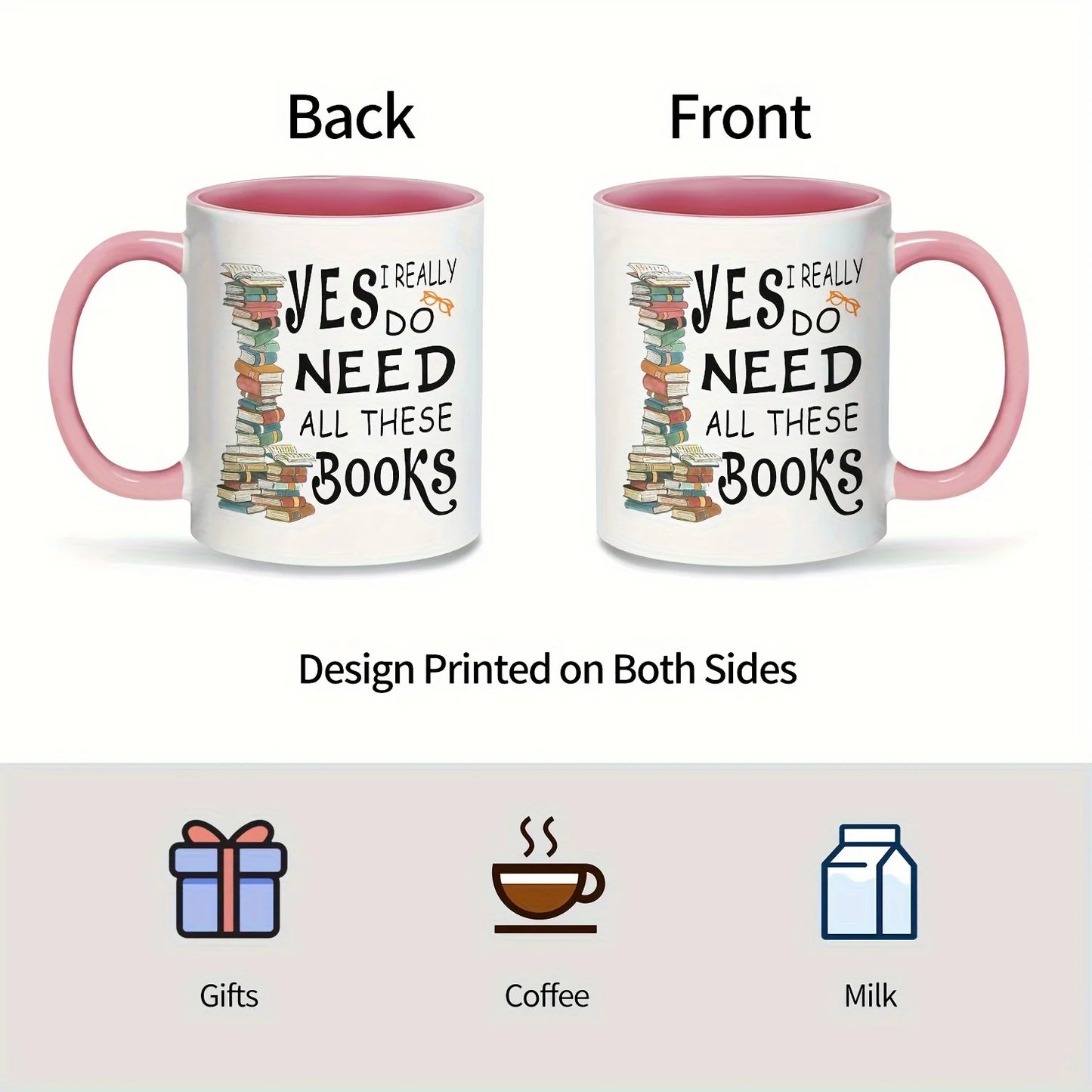 11oz Book Lover Ceramic Coffee Mug Pink Book Stack Design Gift