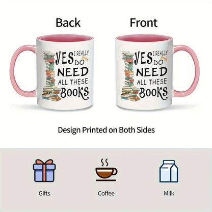 11oz Book Lover Ceramic Coffee Mug Pink Book Stack Design Gift