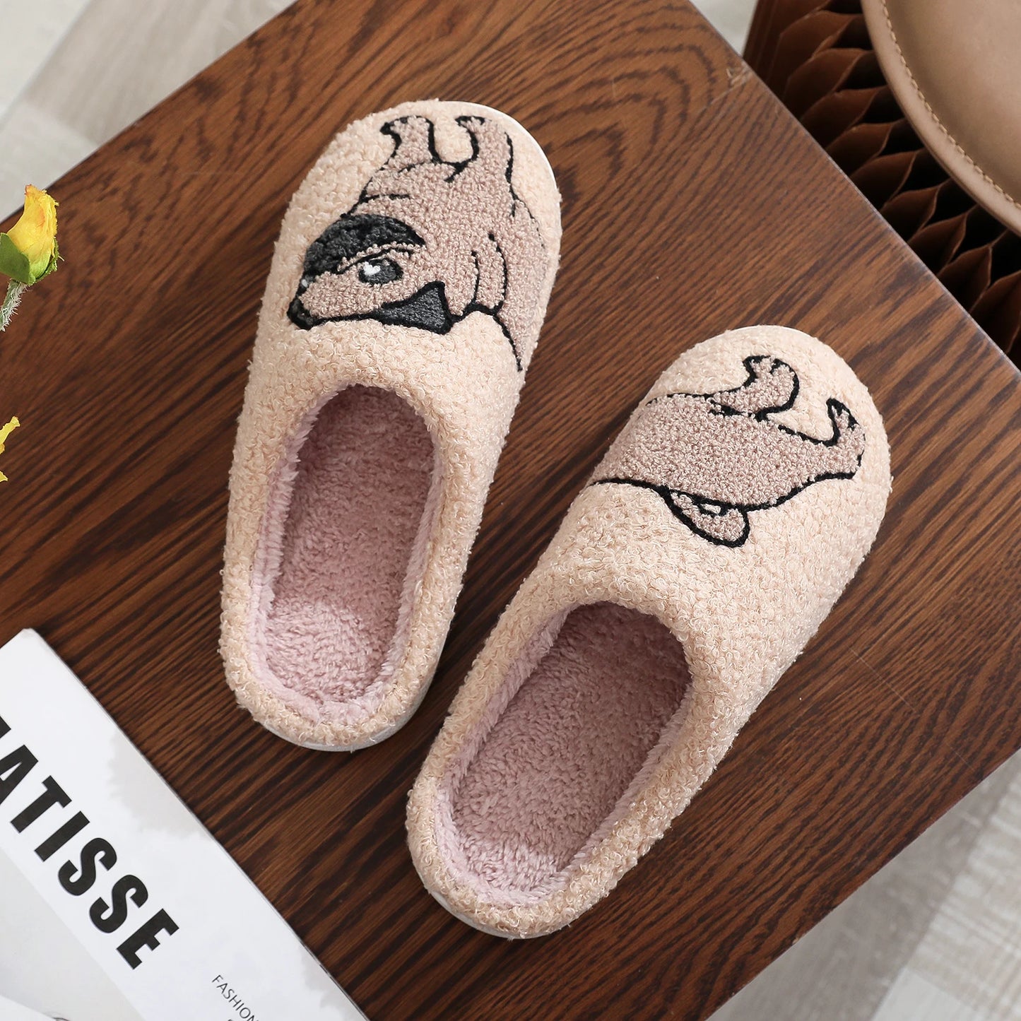 Fuzzy Pug Dog Slippers