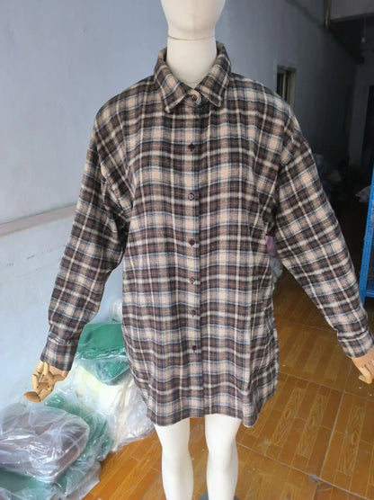 Casual Plaid Shirt Woman Loose Autumn Winter Lapel Buttons Women's Coat Full Sleeve Cozy Vintage Khaki Tops Female Streetwear