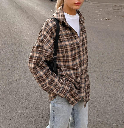Casual Plaid Shirt Woman Loose Autumn Winter Lapel Buttons Women's Coat Full Sleeve Cozy Vintage Khaki Tops Female Streetwear