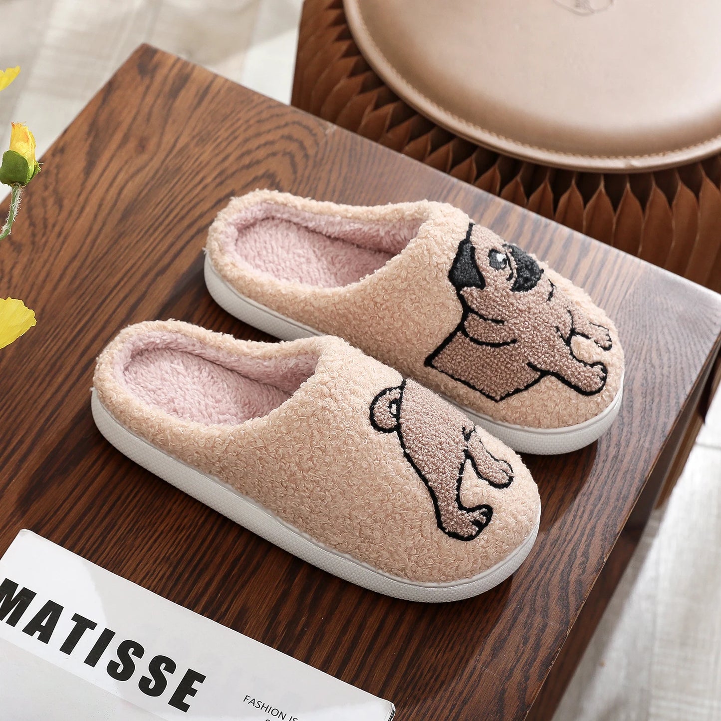 Fuzzy Pug Dog Slippers