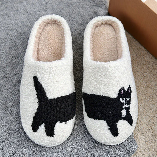 Fuzzy Cat Embroidered Slippers