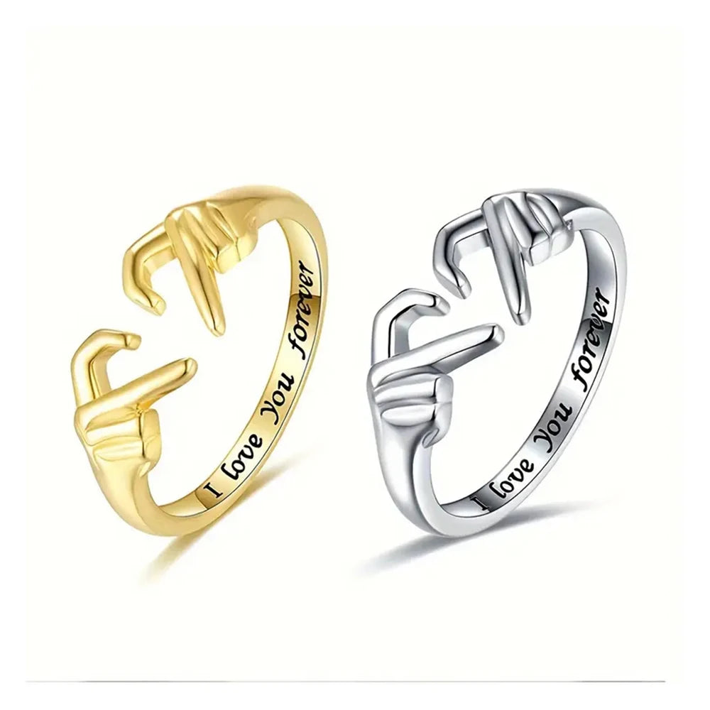 Couple Hug Ring - Romantic Alloy Open Band with Love Engraving