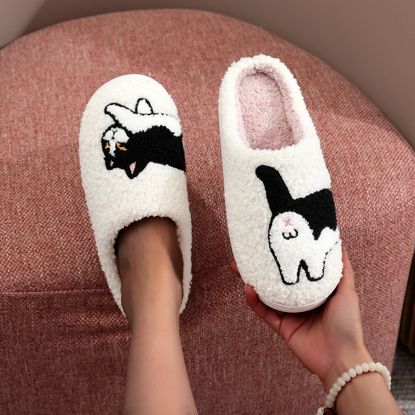 Fluffy Cow Cat Plush Winter Slippers