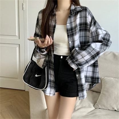 Korean Plaid Blouses for Women Fashion Long Sleeve Check Shirt Ladies Spring New Slim Fit Casual Loose Single-breasted Shirts