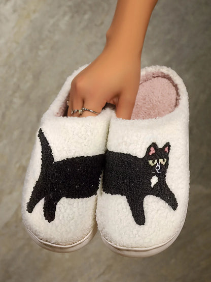 Fuzzy Cat Embroidered Slippers