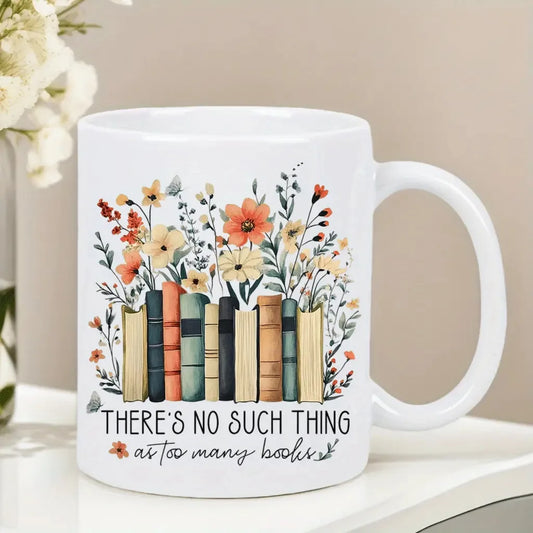 Floral Bookshelf Ceramic Coffee Mug for Book Lovers 320ml Gift