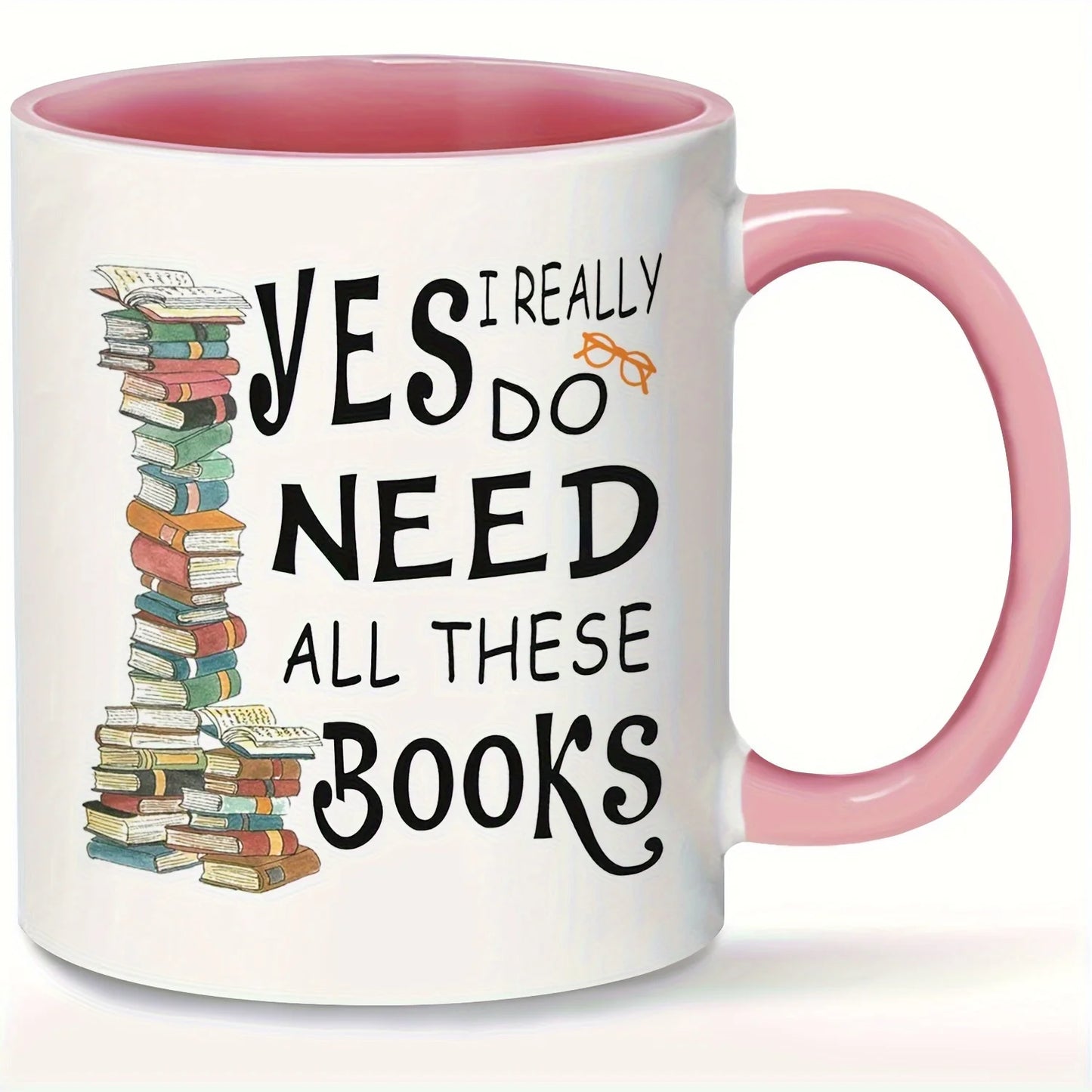 11oz Book Lover Ceramic Coffee Mug Pink Book Stack Design Gift