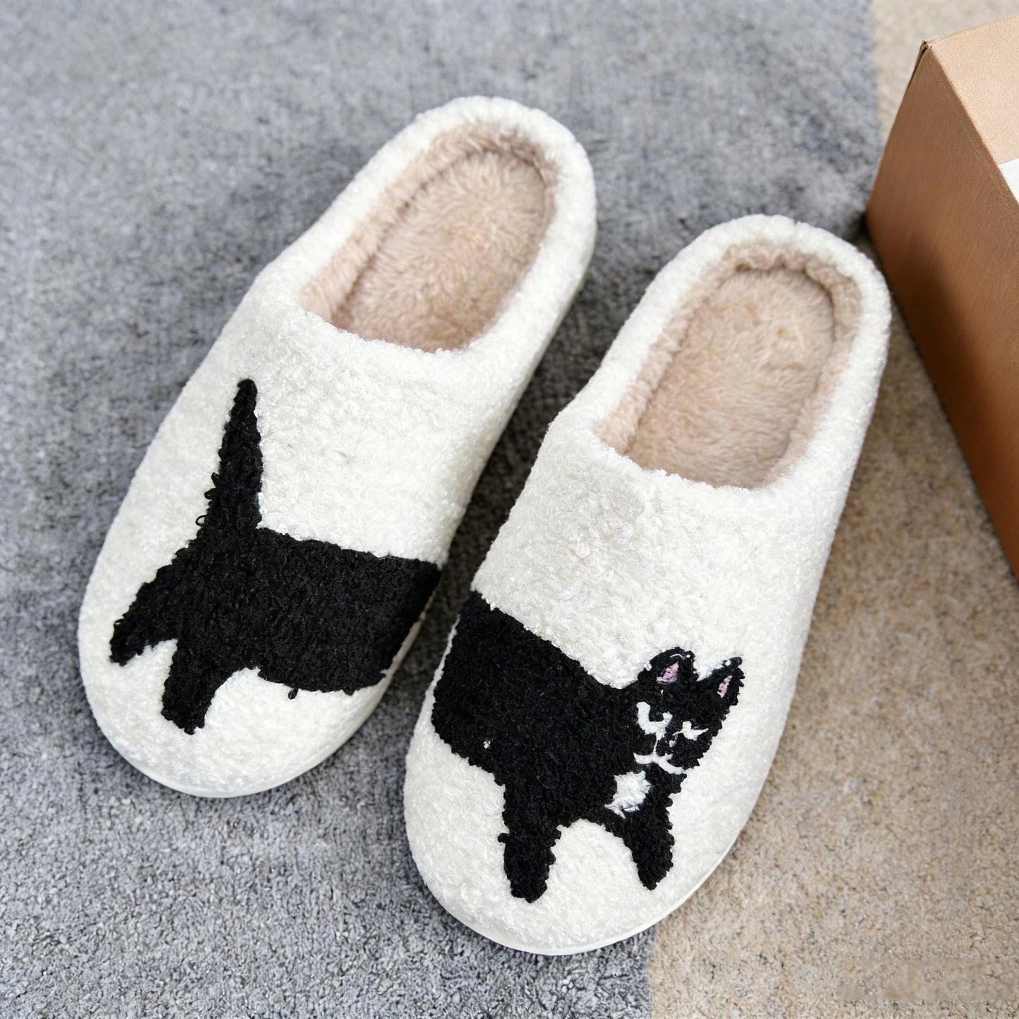 Fuzzy Cat Embroidered Slippers