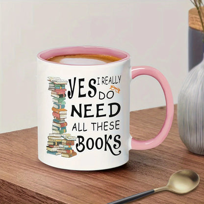 11oz Book Lover Ceramic Coffee Mug Pink Book Stack Design Gift