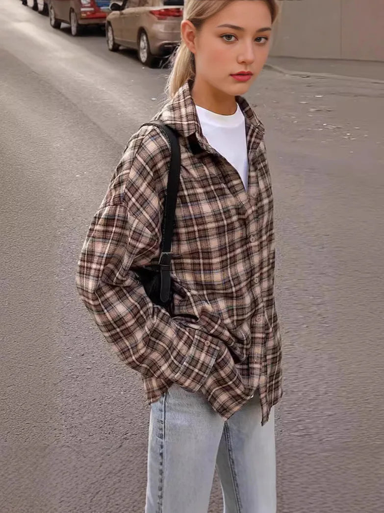 Casual Plaid Shirt Woman Loose Autumn Winter Lapel Buttons Women's Coat Full Sleeve Cozy Vintage Khaki Tops Female Streetwear