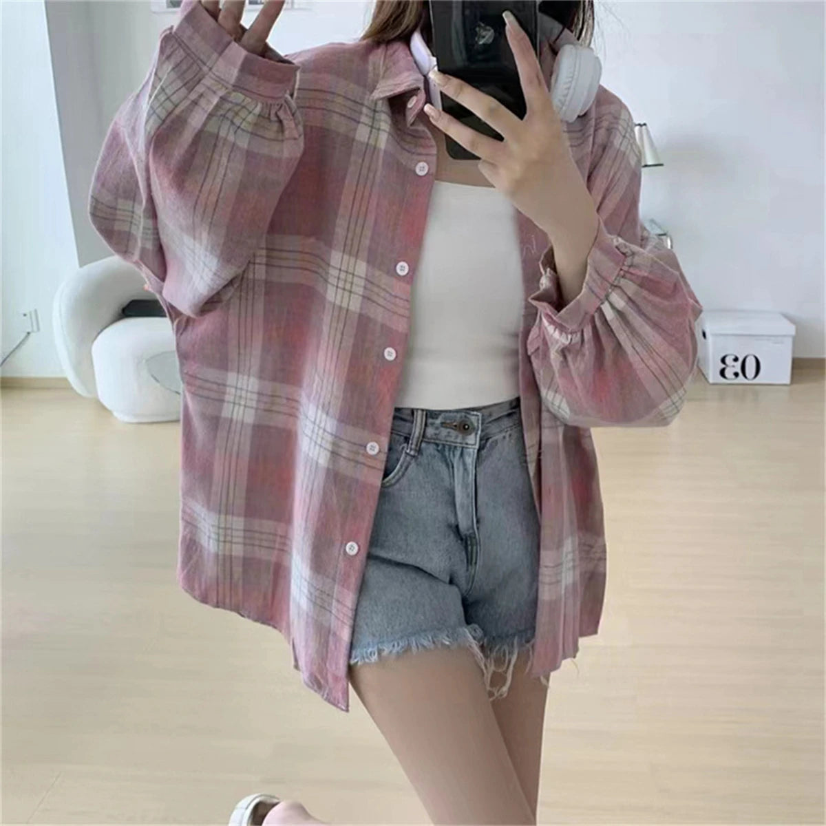 Korean Plaid Blouses for Women Fashion Long Sleeve Check Shirt Ladies Spring New Slim Fit Casual Loose Single-breasted Shirts