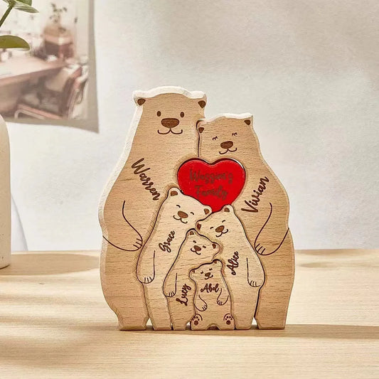 Personalized Wooden Family Bear Puzzle – Custom Rustic Décor Gift