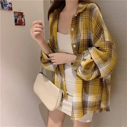 Korean Plaid Blouses for Women Fashion Long Sleeve Check Shirt Ladies Spring New Slim Fit Casual Loose Single-breasted Shirts