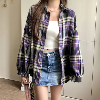 Women Tartan Shirt Long Sleeve Collared Button Up Oversized Plaid Shirt Jacket Grunge Fashion Teenage Girl Spring Summer Outfit