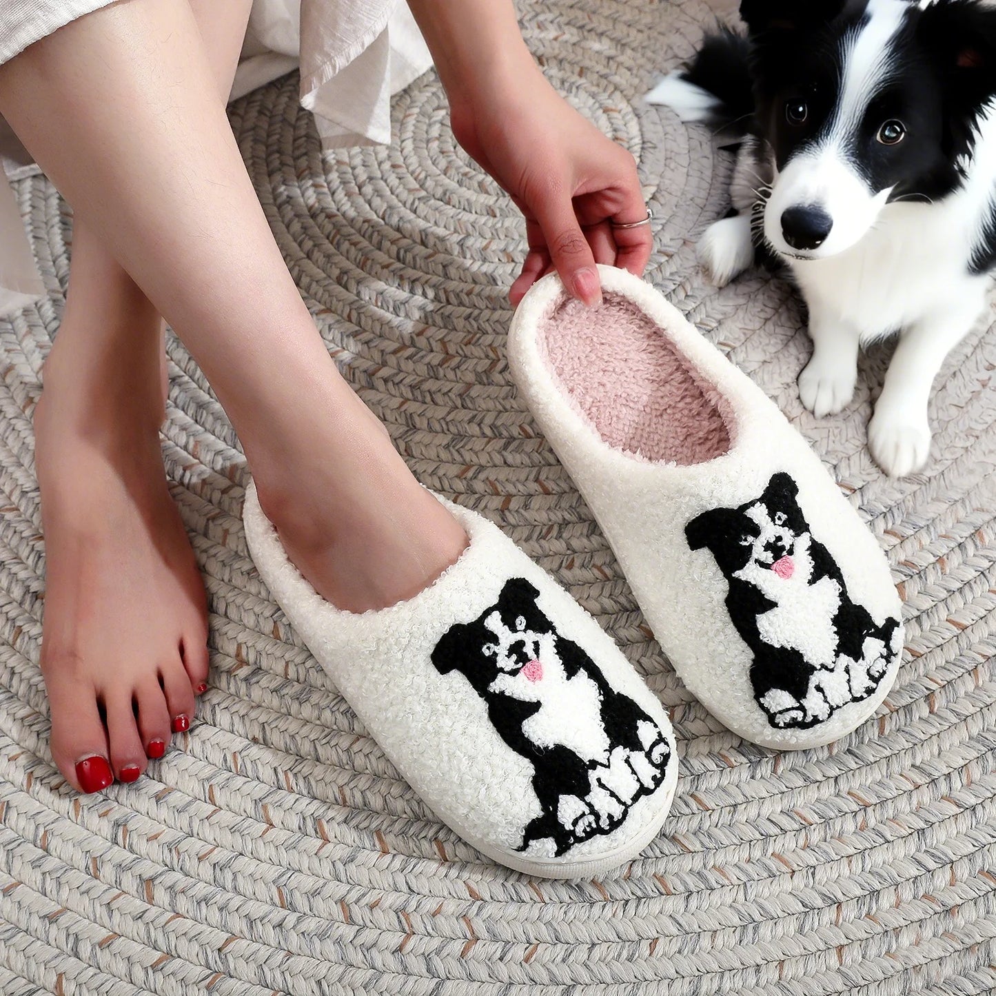 Fuzzy Border Collie Slippers