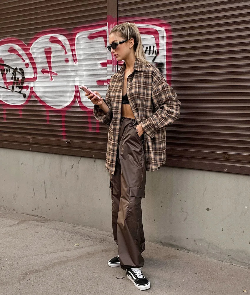 Casual Plaid Shirt Woman Loose Autumn Winter Lapel Buttons Women's Coat Full Sleeve Cozy Vintage Khaki Tops Female Streetwear