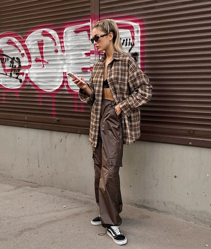 Casual Plaid Shirt Woman Loose Autumn Winter Lapel Buttons Women's Coat Full Sleeve Cozy Vintage Khaki Tops Female Streetwear