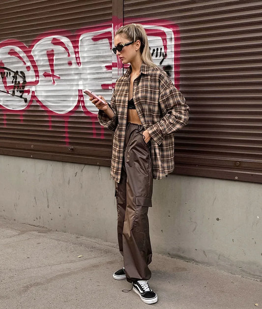 Casual Plaid Shirt Woman Loose Autumn Winter Lapel Buttons Women's Coat Full Sleeve Cozy Vintage Khaki Tops Female Streetwear