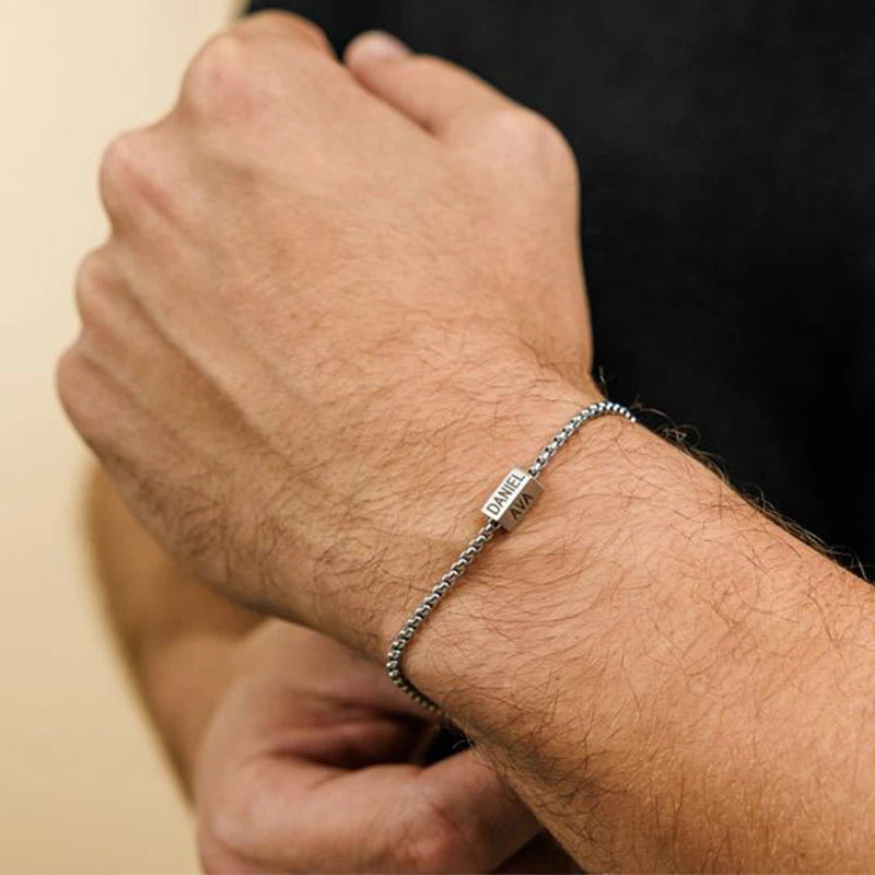 Custom Family Name Tube Bracelet – Personalized Stainless Steel Gift for Dad