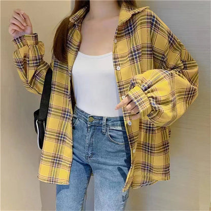 Korean Plaid Blouses for Women Fashion Long Sleeve Check Shirt Ladies Spring New Slim Fit Casual Loose Single-breasted Shirts