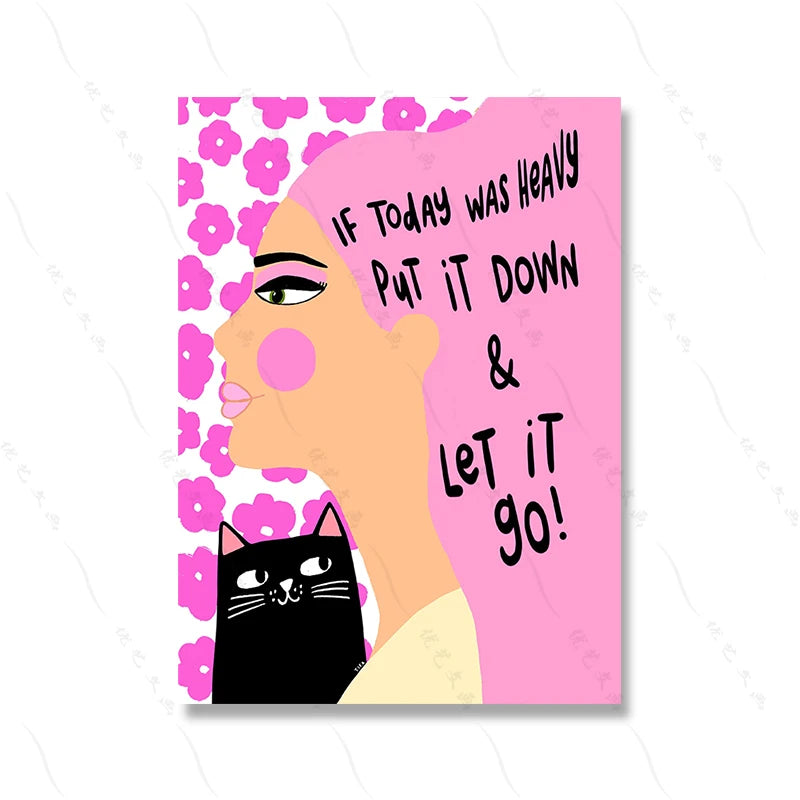 Retro Cat Poster - Funny Pink Canvas Wall Art for Kids & Home