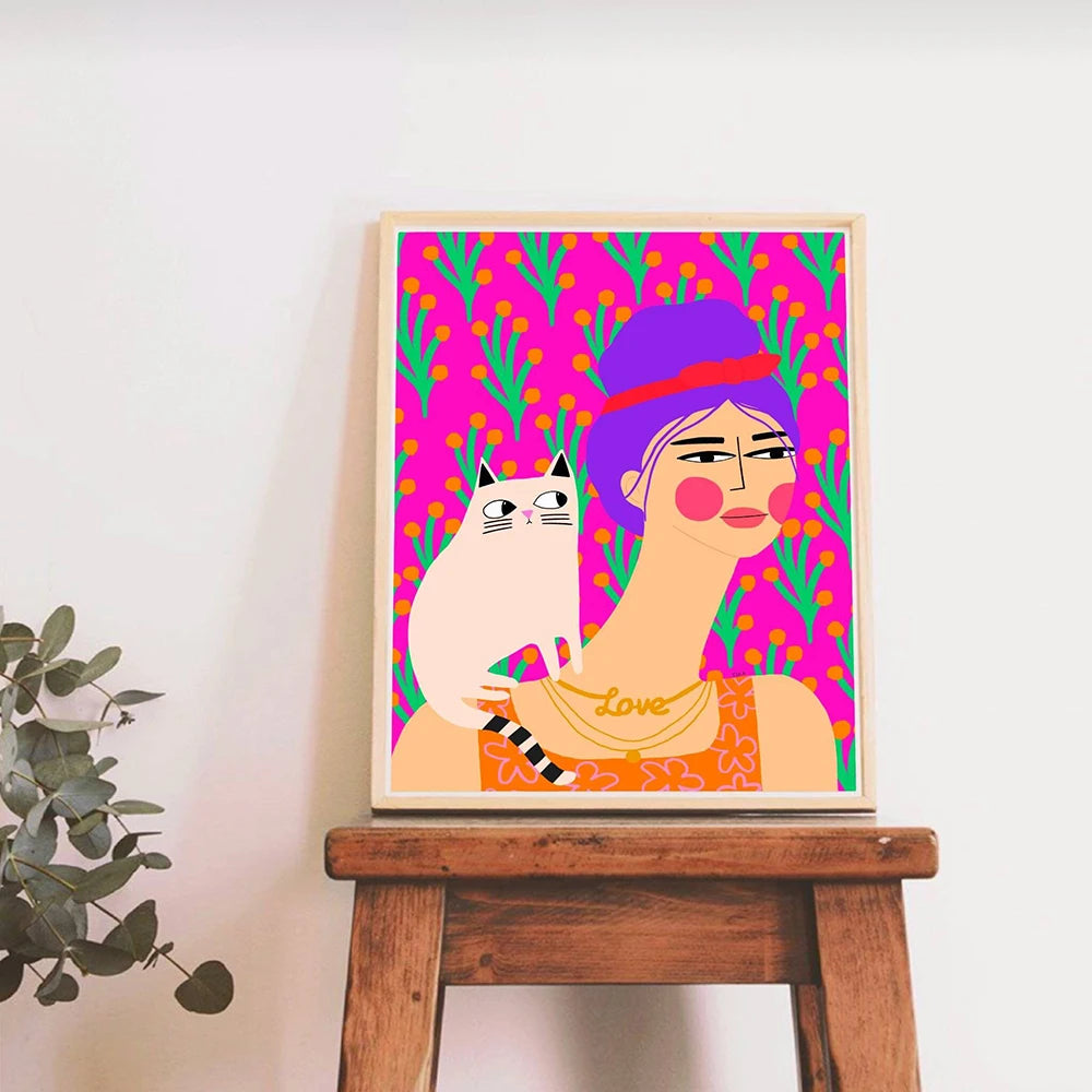 Retro Cat Poster - Funny Pink Canvas Wall Art for Kids & Home