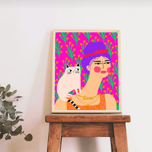 Retro Cat Poster - Funny Pink Canvas Wall Art for Kids & Home