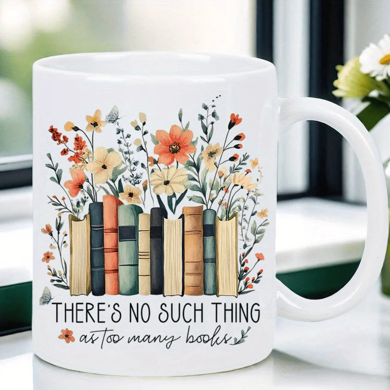 Floral Bookshelf Ceramic Coffee Mug for Book Lovers 320ml Gift