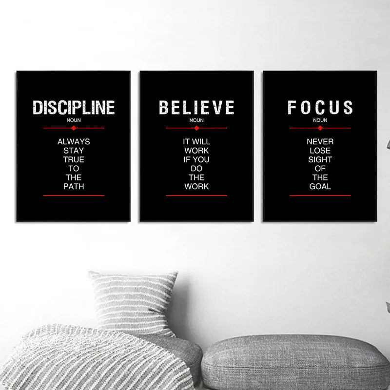 Discipline & Focus Poster - Inspirational Black Canvas Wall Art