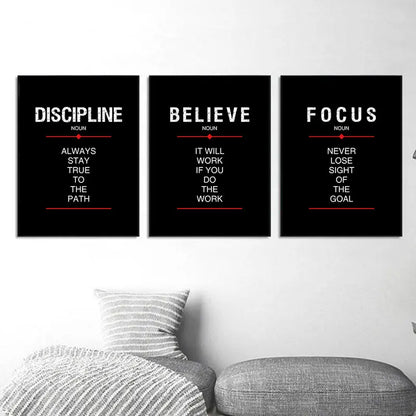 Discipline & Focus Poster - Inspirational Black Canvas Wall Art