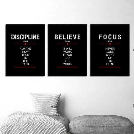 Discipline & Focus Poster - Inspirational Black Canvas Wall Art