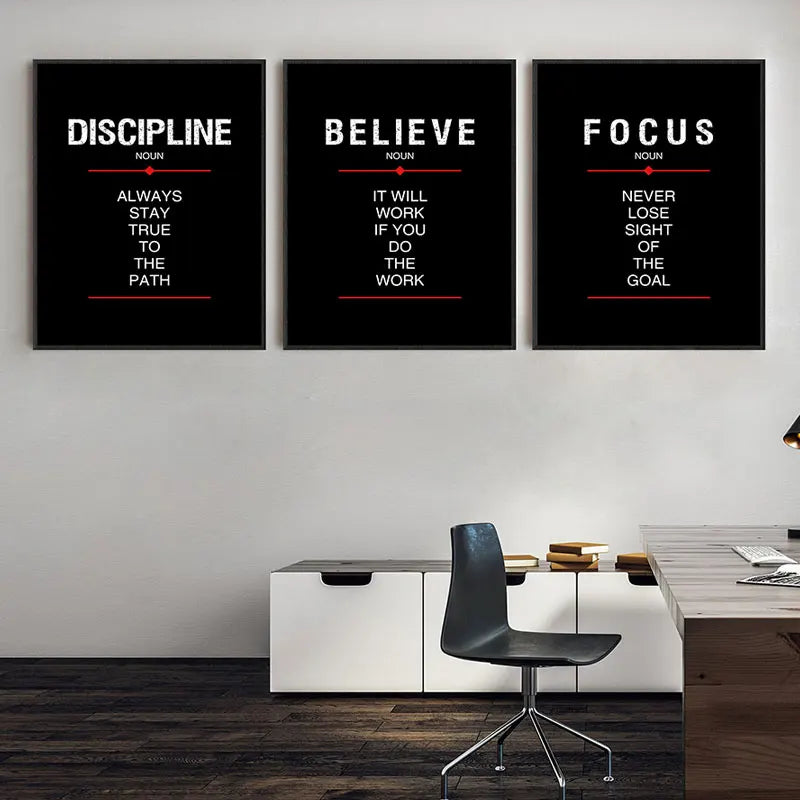 Discipline & Focus Poster - Inspirational Black Canvas Wall Art