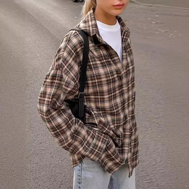 Casual Plaid Shirt Woman Loose Autumn Winter Lapel Buttons Women's Coat Full Sleeve Cozy Vintage Khaki Tops Female Streetwear
