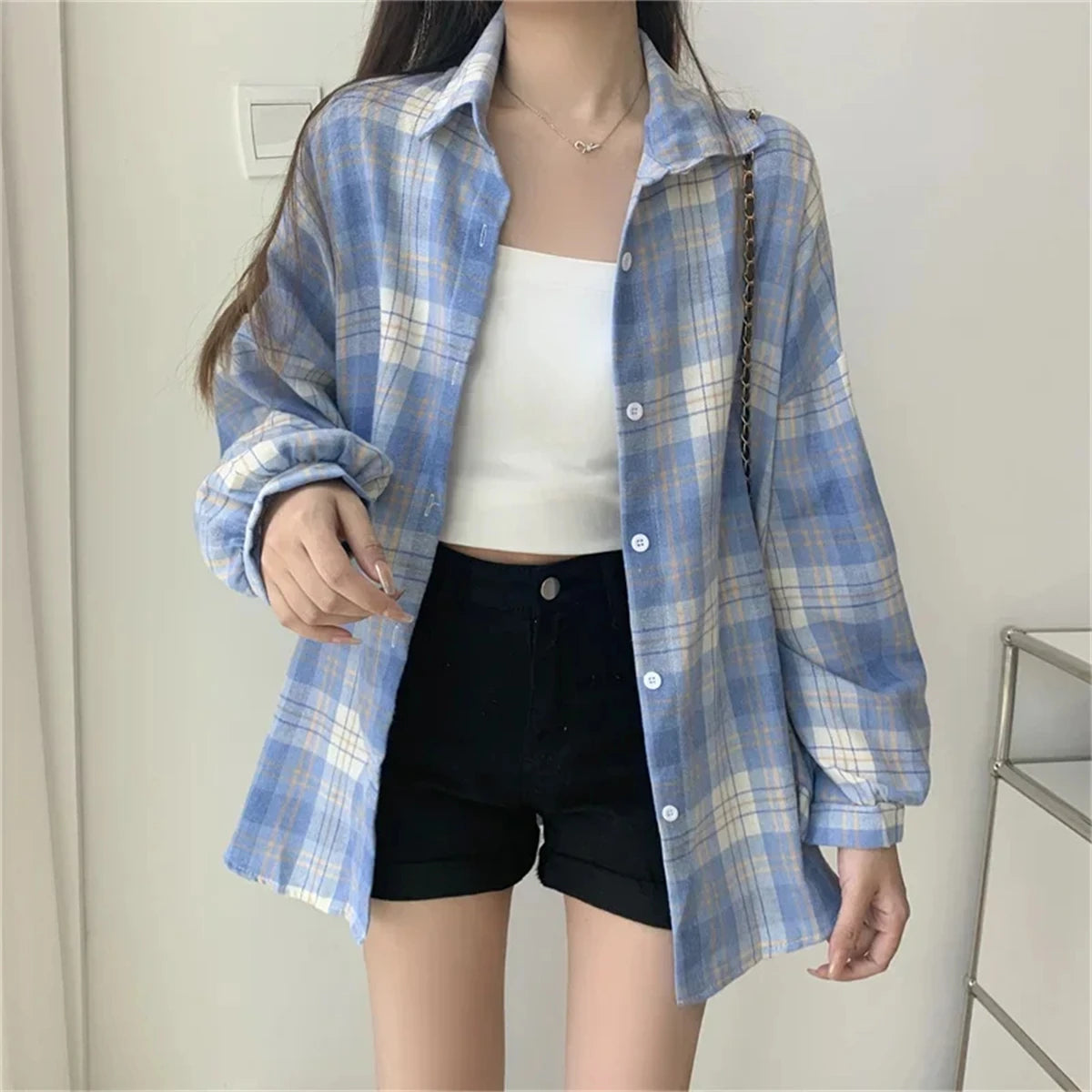 Korean Plaid Blouses for Women Fashion Long Sleeve Check Shirt Ladies Spring New Slim Fit Casual Loose Single-breasted Shirts