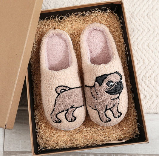Fuzzy Pug Dog Slippers