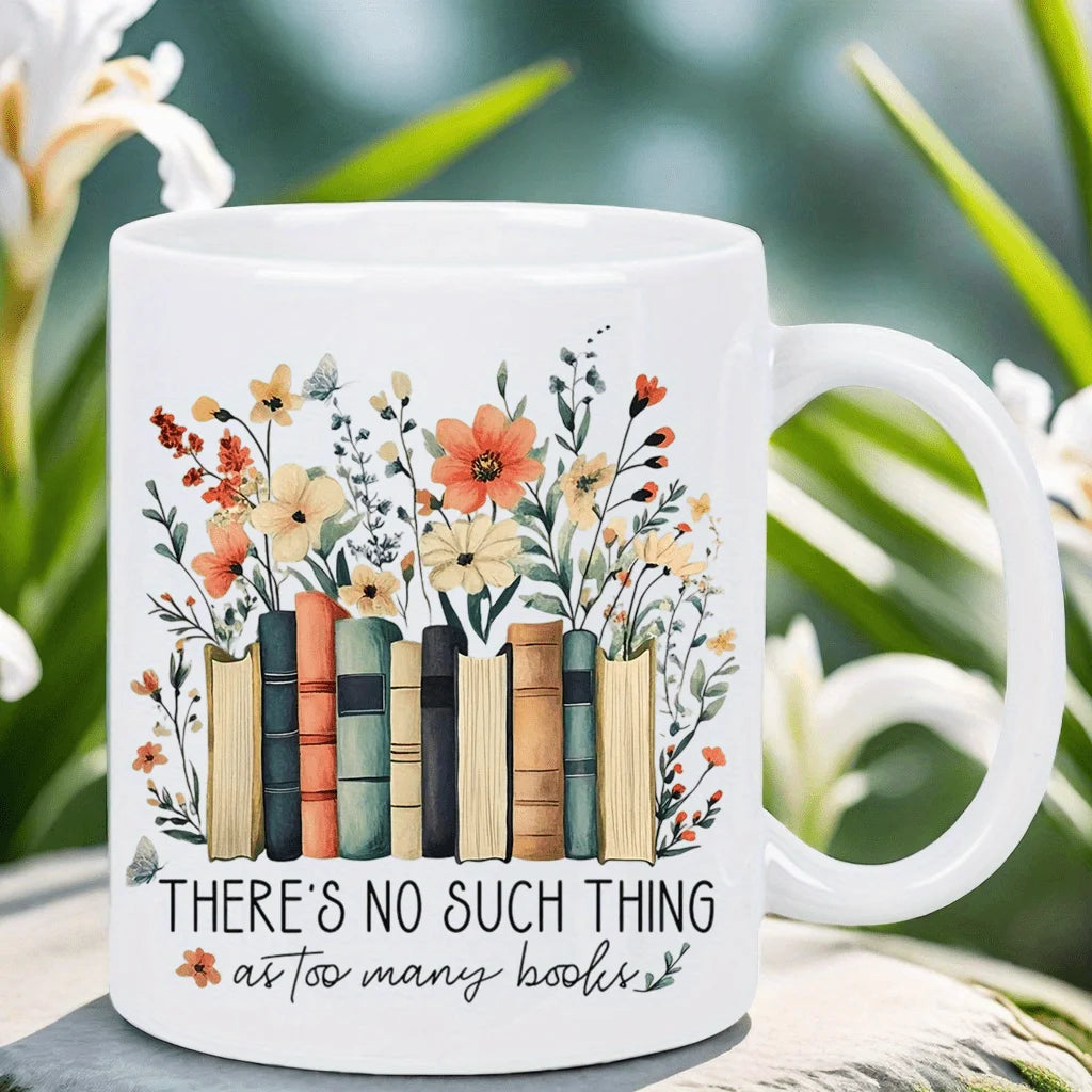 Floral Bookshelf Ceramic Coffee Mug for Book Lovers 320ml Gift