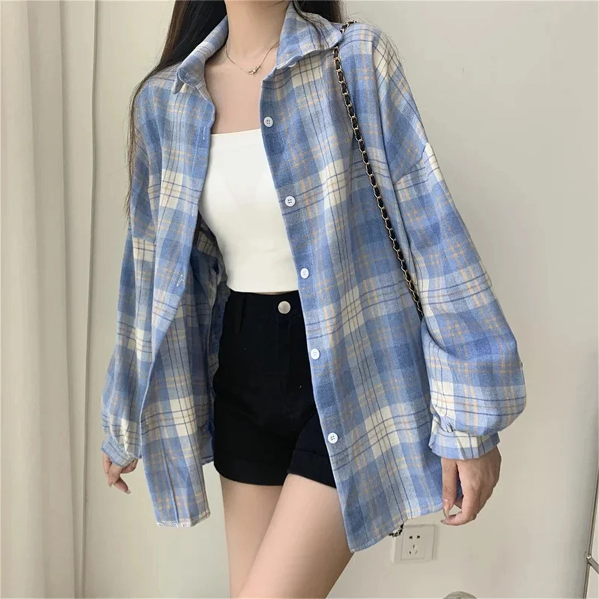 Korean Plaid Blouses for Women Fashion Long Sleeve Check Shirt Ladies Spring New Slim Fit Casual Loose Single-breasted Shirts
